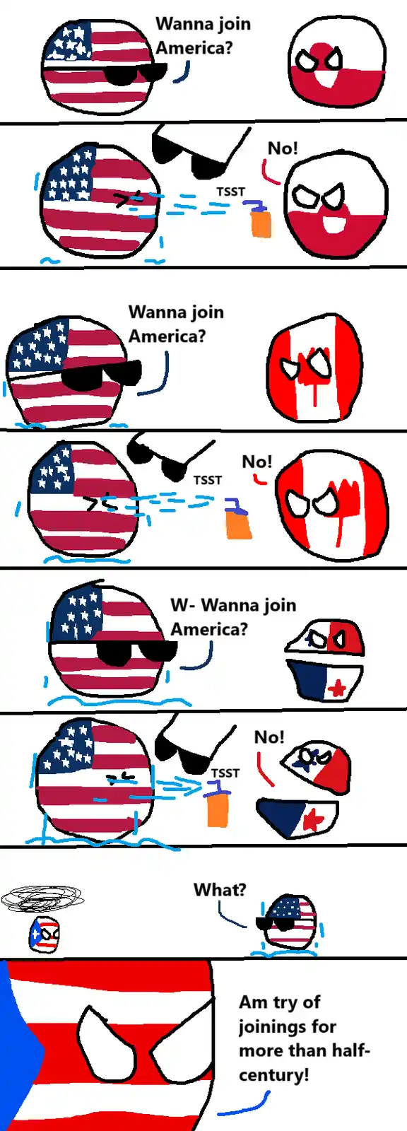 A four-panel comic strip featuring anthropomorphic countryballs. In each panel, the USA (wearing sunglasses) asks another…
