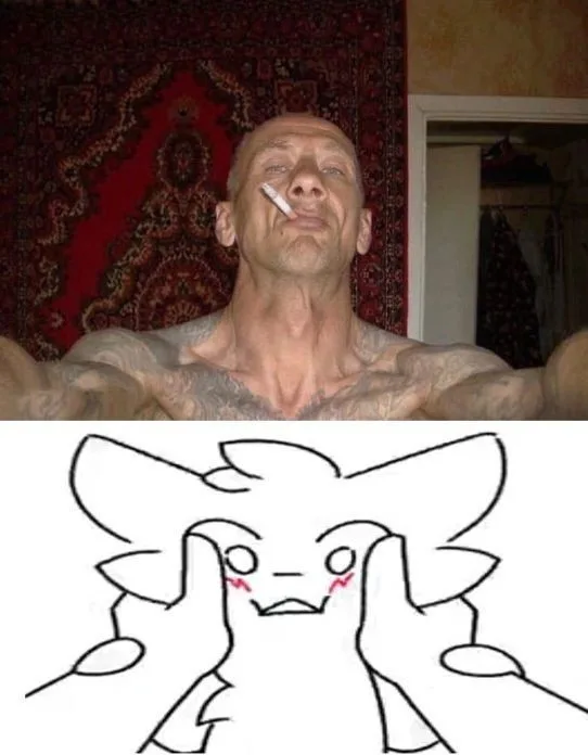 The top panel shows a bald, tattooed man with a cigarette in his nose, looking upward with a smug expression. The bottom…