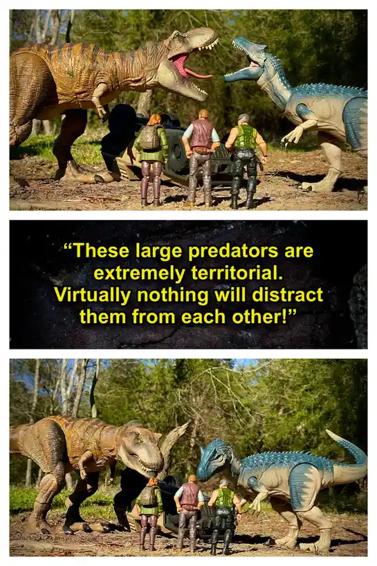 Two toy dinosaurs, a brown T-Rex and a blue Spinosaurus, face each other aggressively in a forest setting with three toy…