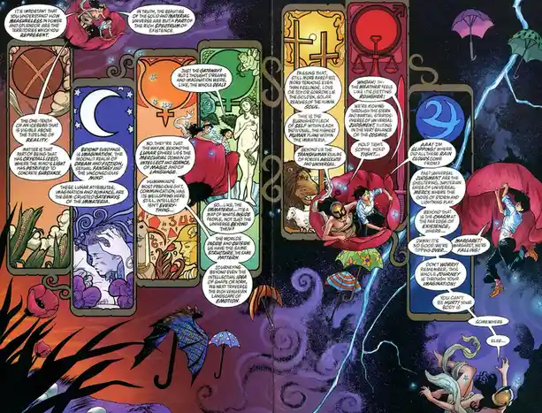 A comic book page from 'The Sandman' depicts two characters floating through a surreal, cosmic landscape filled with tarot…