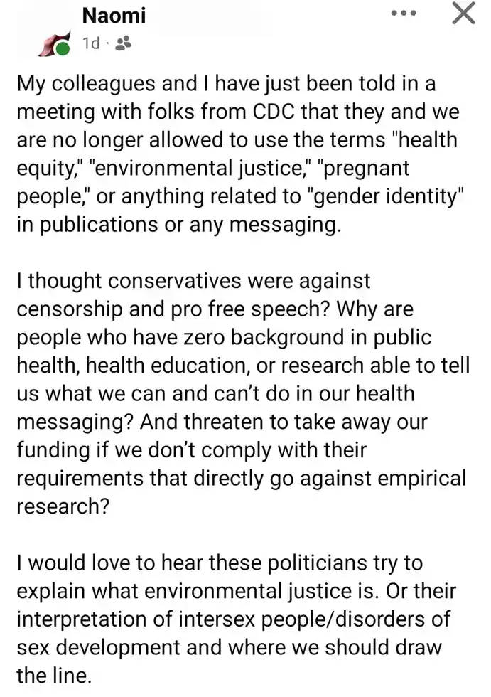A screenshot of a Facebook post by user Naomi, expressing frustration that CDC officials told her and her colleagues they…