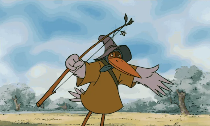 A six-panel sequence from Disney's 'The Sword in the Stone' shows the character Archimedes, a bird-like wizard, struggling…