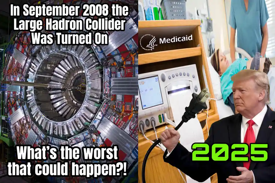 The image is split: left side shows the interior of the Large Hadron Collider with text asking 'What's the worst that could…