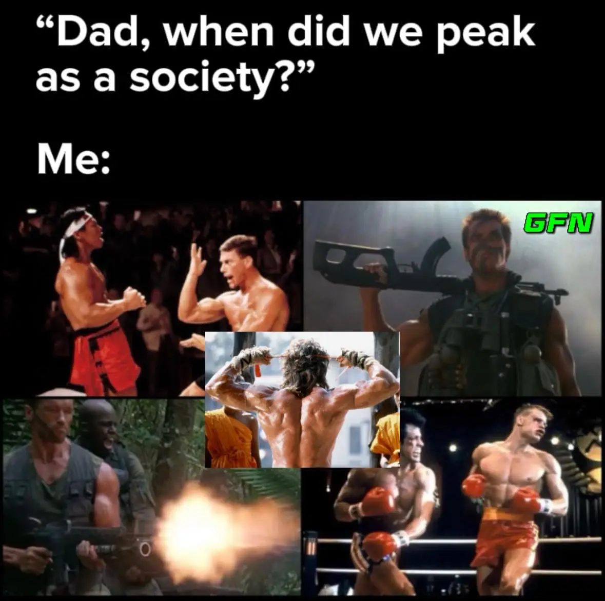 The image displays a collage of six iconic action movie scenes featuring muscular male characters: a martial artist facing…