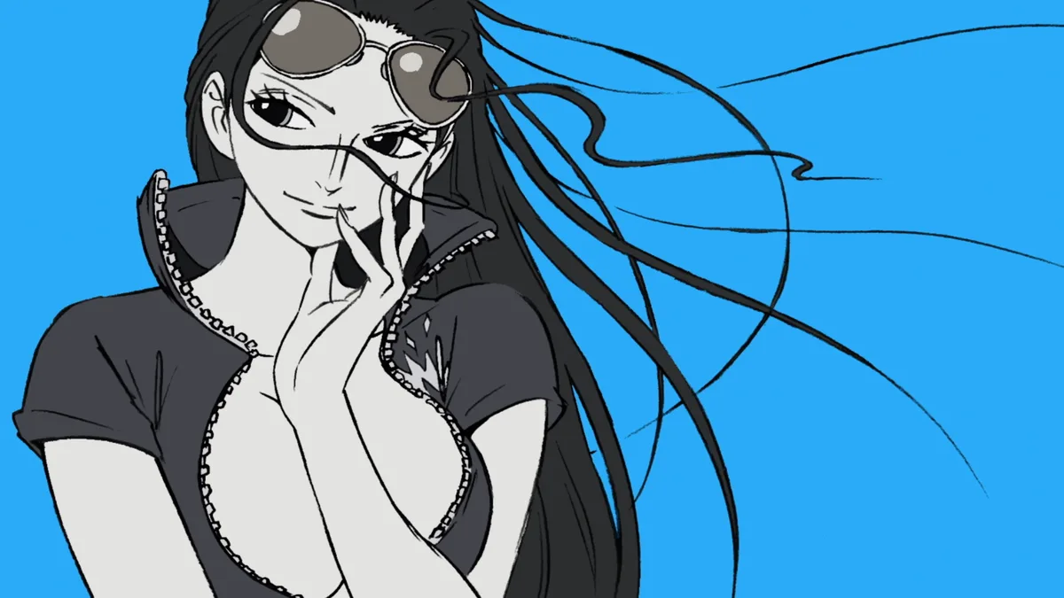An anime-style illustration of a woman with long black hair and aviator goggles pushed up on her head, wearing a dark zip-up…