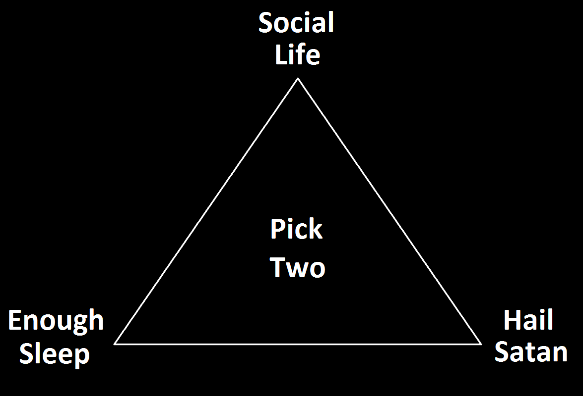 A black background features a white triangle with three labeled corners: 'Social Life' at the top, 'Enough Sleep' on the…