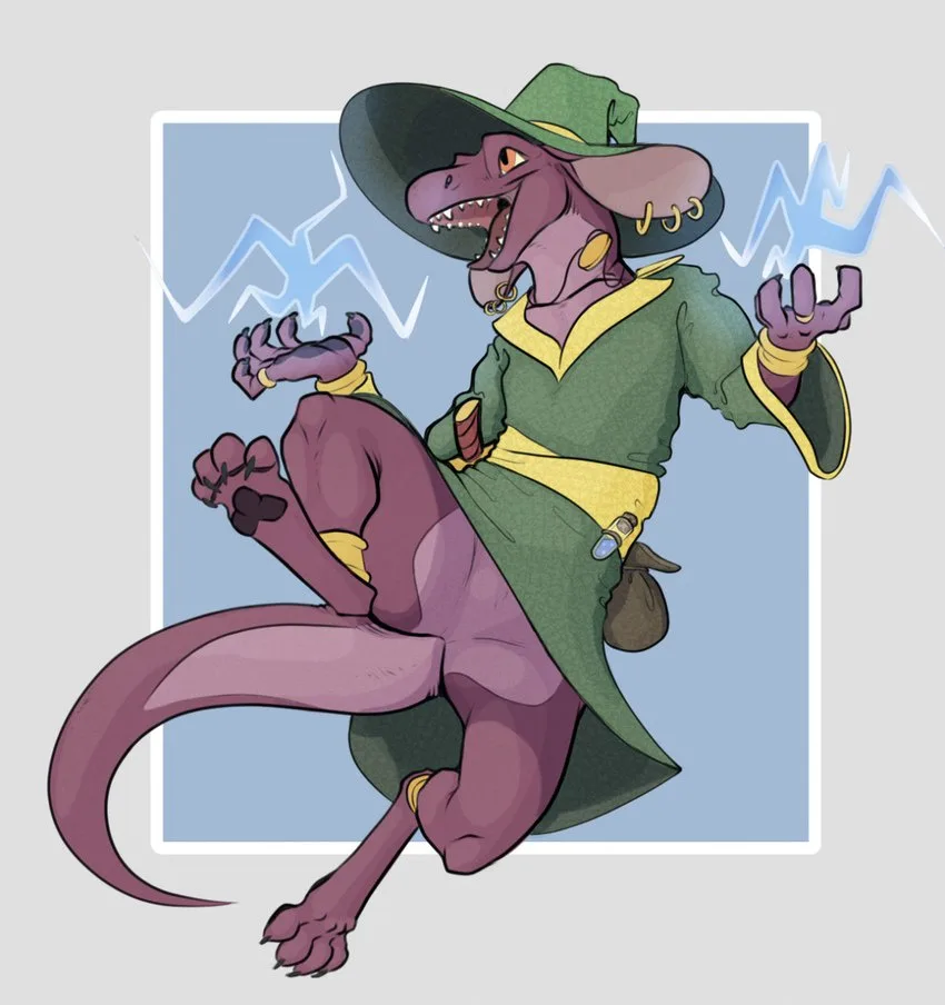 A purple, anthropomorphic dinosaur wearing a green hat and coat with yellow trim, standing in a dynamic, slightly unbalanced…