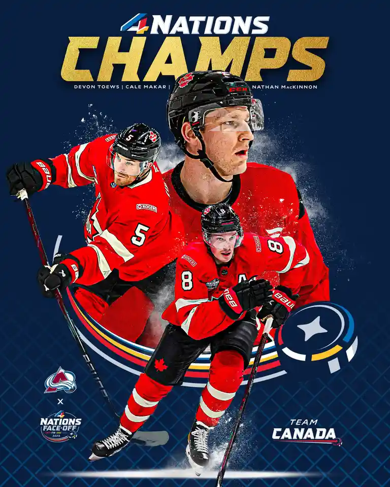 A promotional graphic for Team Canada's victory in the 4 Nations Face-Off 2025, featuring three hockey players in red…