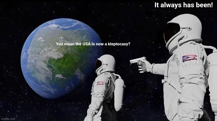 Two astronauts in space, one pointing a gun at the other, with Earth visible in the background. The astronaut on the left…