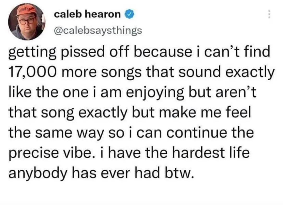 A screenshot of a tweet by Caleb Hearon (@calebsaysthings) showing his profile picture and text. The text humorously…