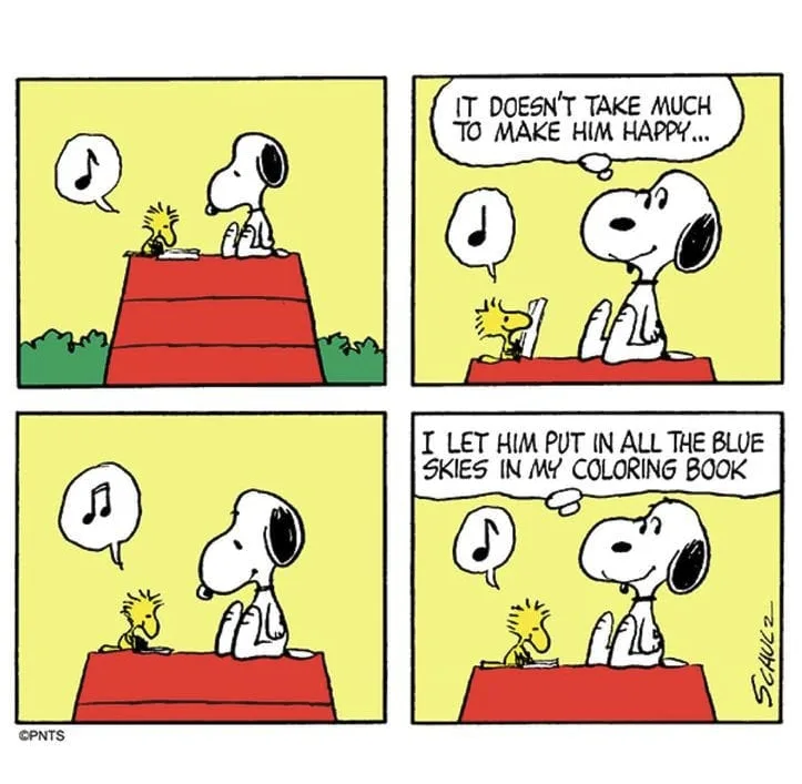 A four-panel Peanuts comic strip shows Snoopy and Woodstock on a red doghouse roof. Woodstock is coloring, and Snoopy…