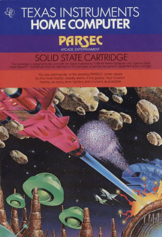 A vintage video game cartridge box for 'Parsec' by Texas Instruments Home Computer, featuring a space battle scene with a…