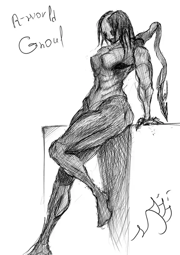 A black-and-white sketch depicts a muscular, humanoid figure with long hair, sitting on a ledge or wall, viewed from behind…