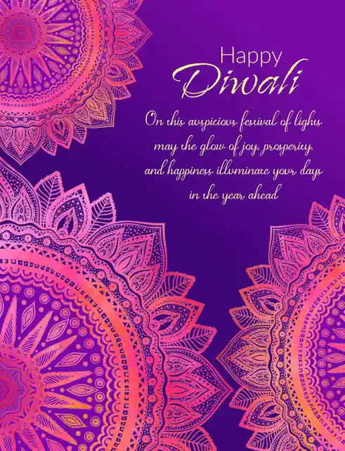A festive greeting card with a deep purple background and intricate pink and orange mandala patterns. The overlaid text…