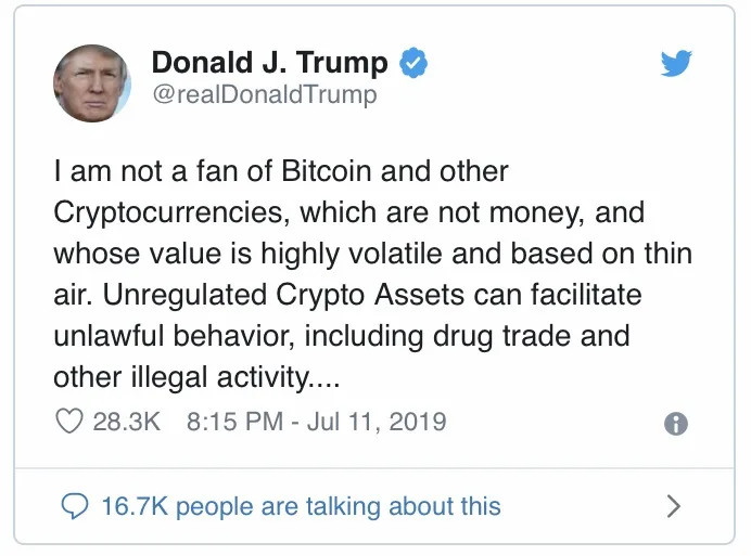A screenshot of a 2019 tweet from Donald J. Trump's verified Twitter account, where he states he is not a fan of Bitcoin and…