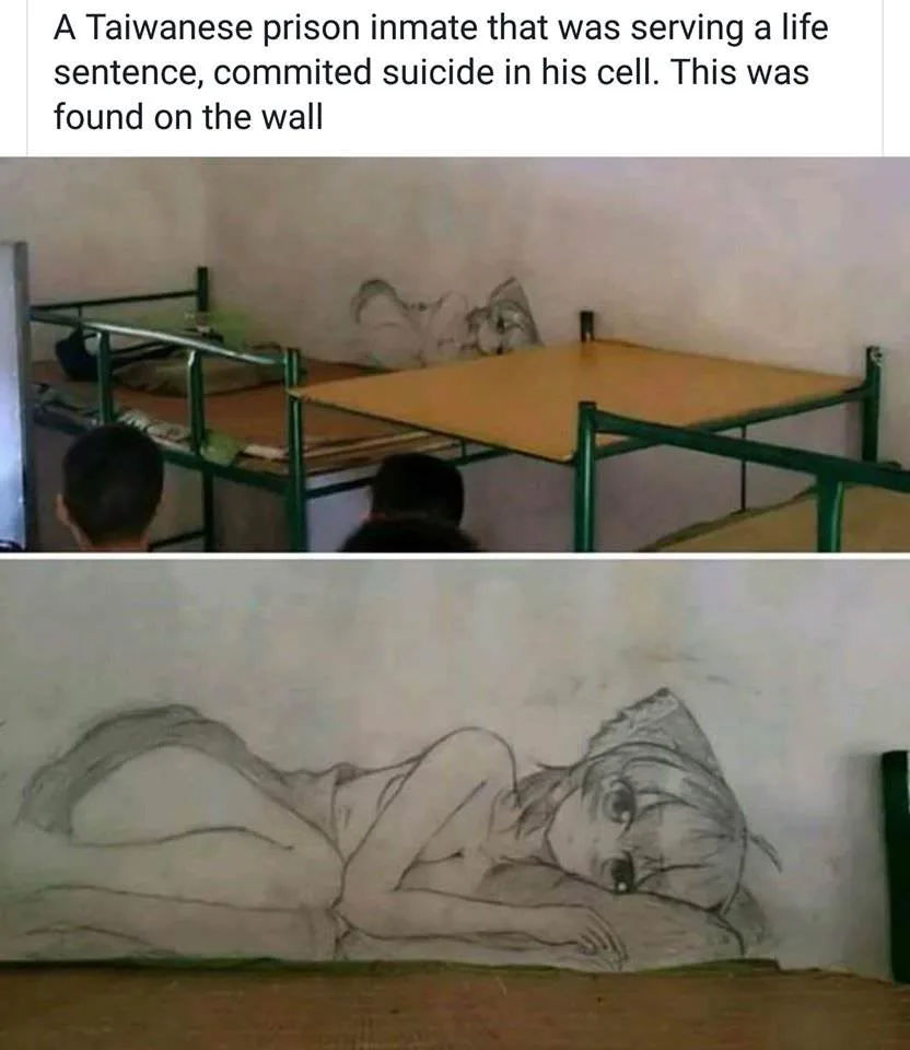 The image shows two panels: the top panel depicts two people from behind looking at bunk beds in a prison cell, while the…