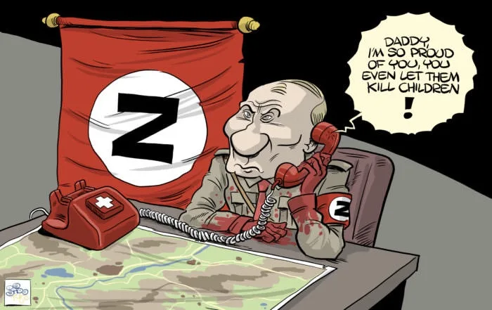 A cartoon depicts a caricature of Vladimir Putin sitting at a desk with a map, holding a red telephone, and wearing a red…