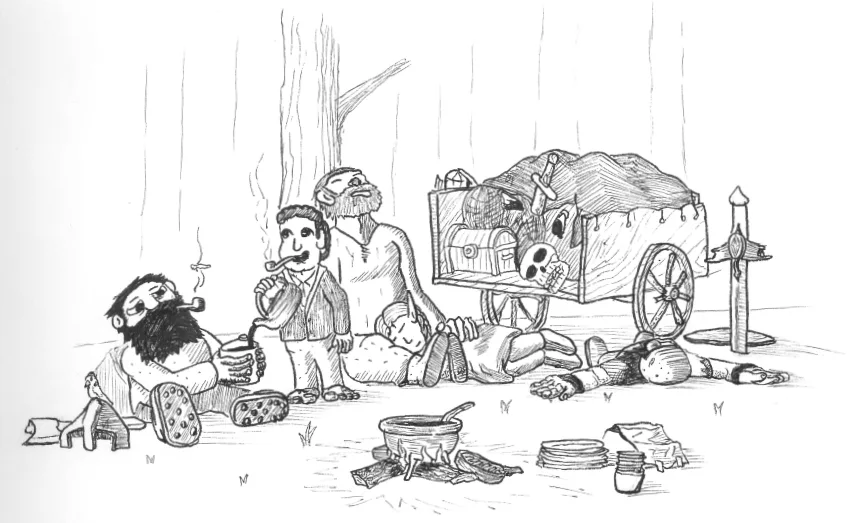 A black-and-white cartoon depicts a group of rugged adventurers resting in a forest clearing. One man sits slumped on the…