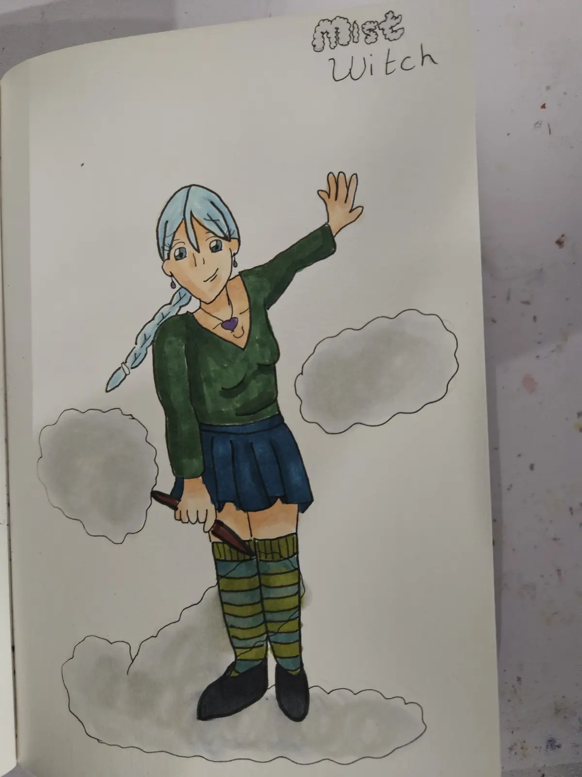 A hand-drawn illustration of a young woman with light blue hair in a braid, wearing a green sweater, blue skirt, and striped…