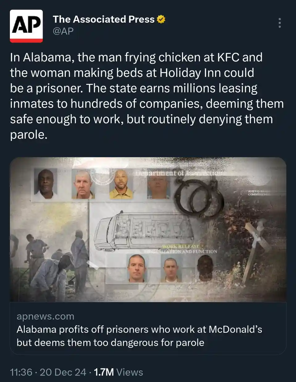 A screenshot of an Associated Press tweet featuring a composite image with prisoner mugshots, a work-release van diagram…