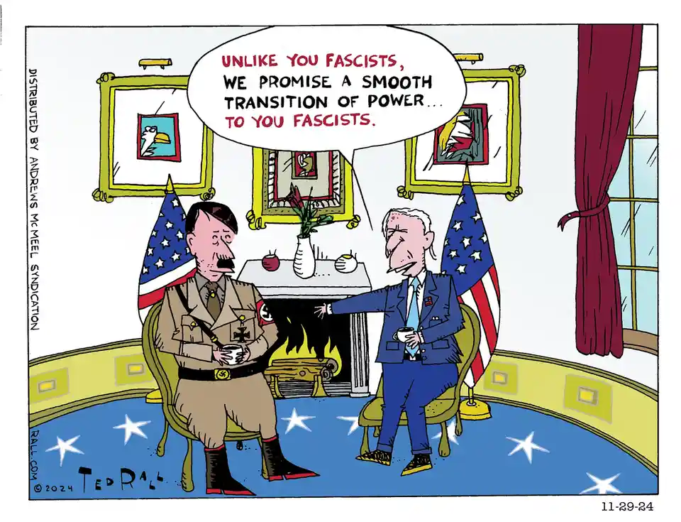 Two cartoon men sit in an Oval Office-like room with American flags and star-patterned carpet. One man, dressed in a Nazi…
