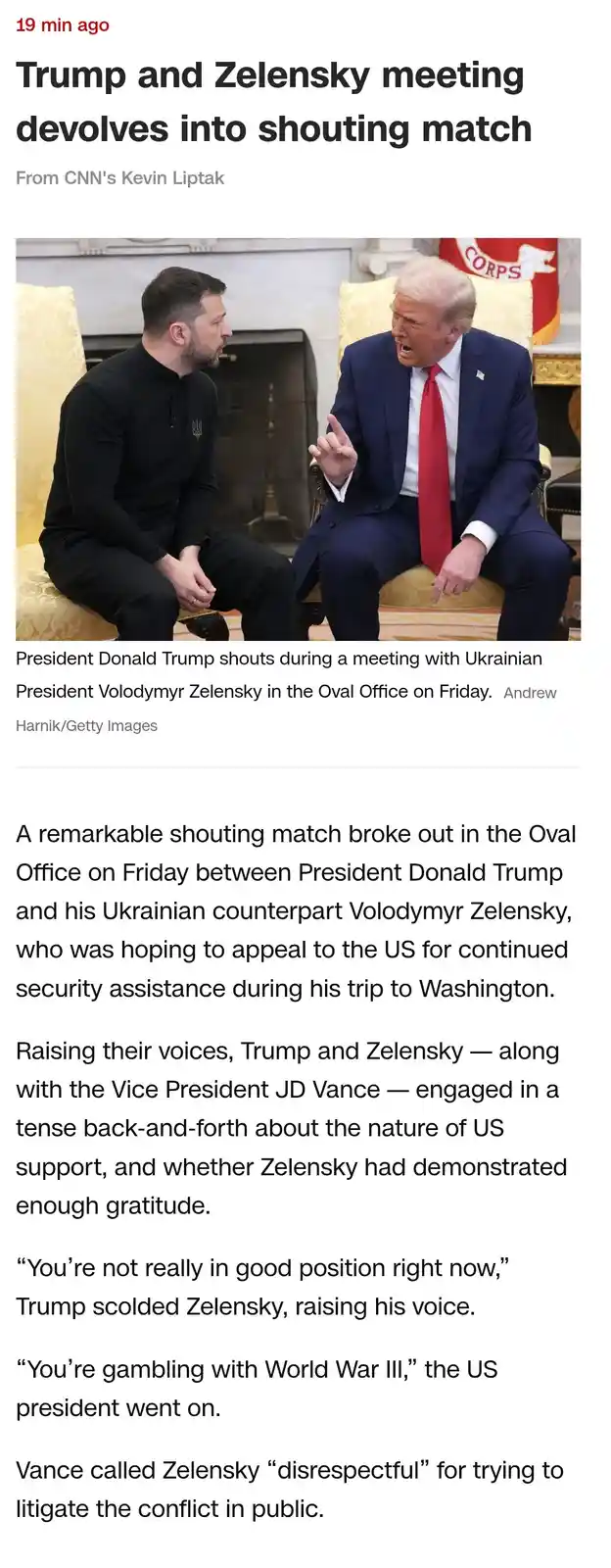A screenshot of a CNN news article shows Donald Trump shouting at Volodymyr Zelensky during a meeting in the Oval Office…