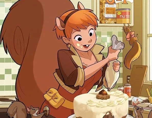 An anthropomorphic female squirrel with orange hair and a large bushy tail is decorating a cake in a kitchen, holding a…