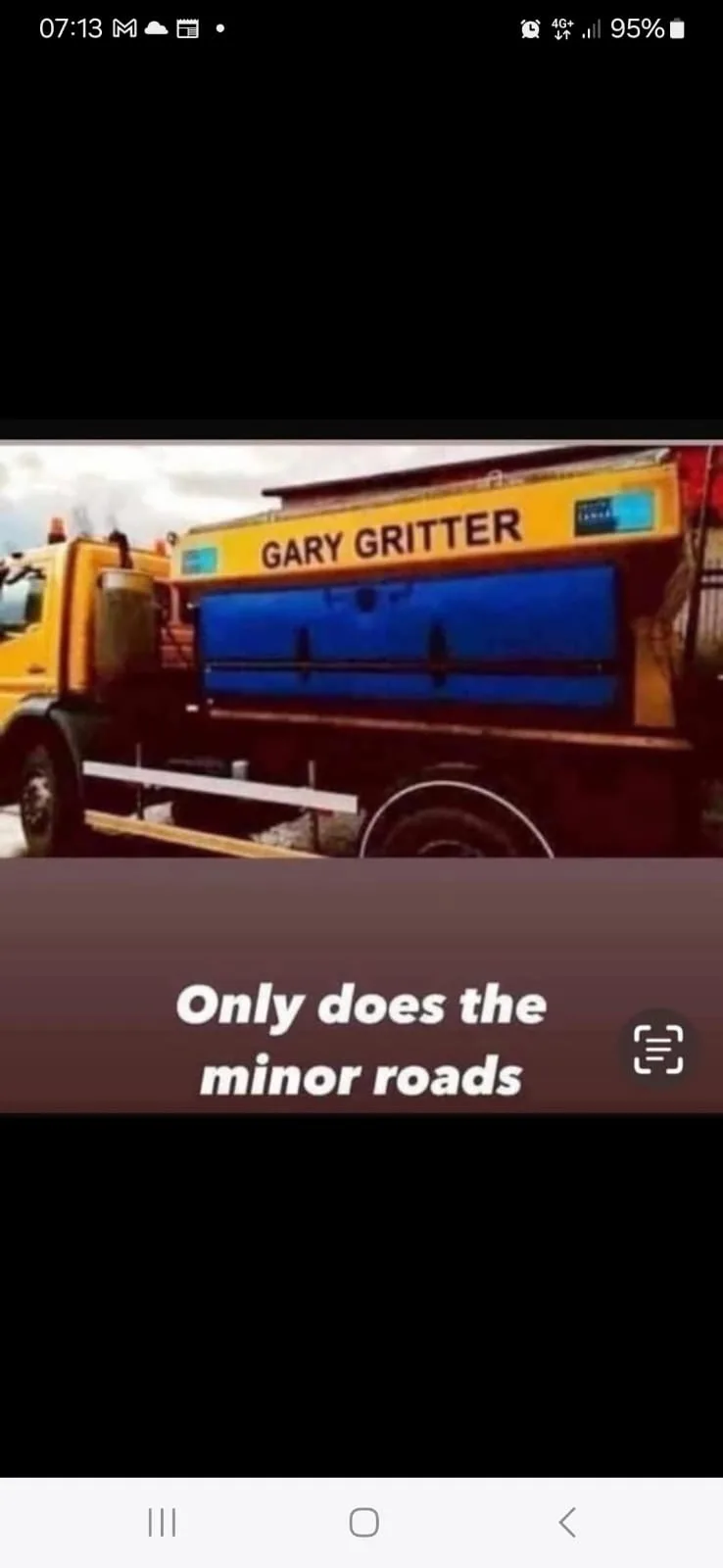 A yellow gritter truck with 'GARY GRITTER' written on its side is shown. Below the image, white text on a dark background…