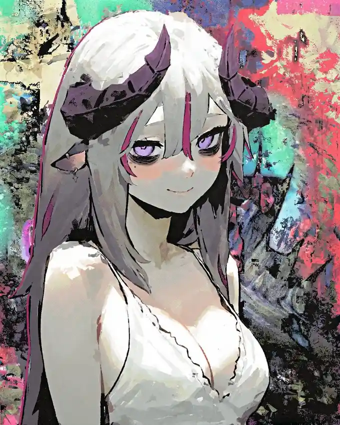 An anime-style illustration of a young woman with long white hair, purple horns, and purple eyes, wearing a white top. The…