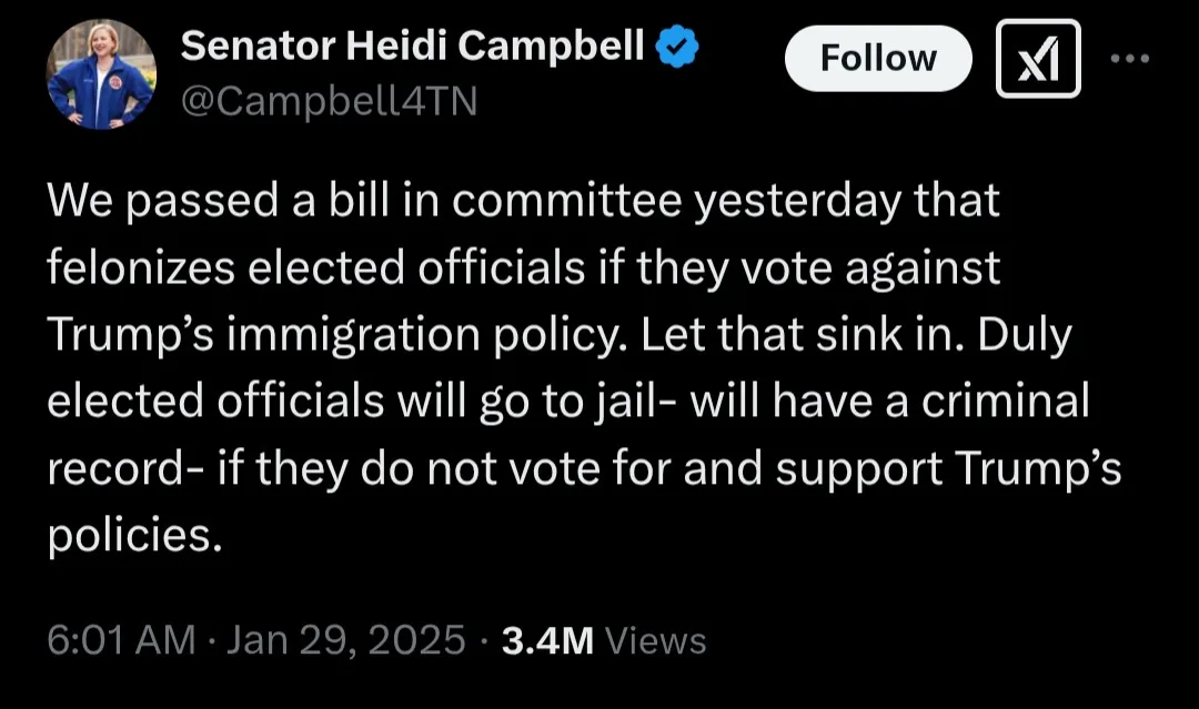A screenshot of a tweet from Senator Heidi Campbell's verified account, showing her announcing a bill that criminalizes…