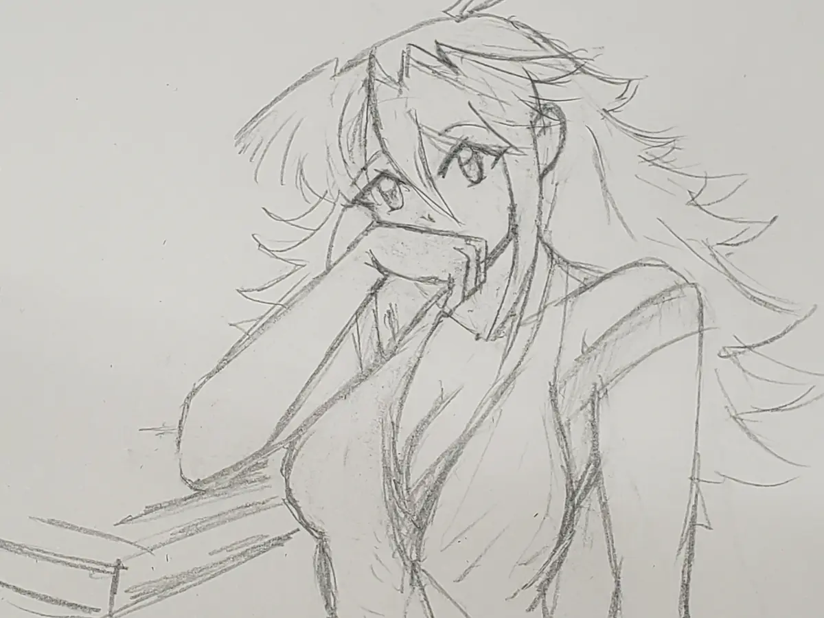 A rough pencil sketch of an anime-style character with messy hair, resting their chin on their hand while looking slightly…
