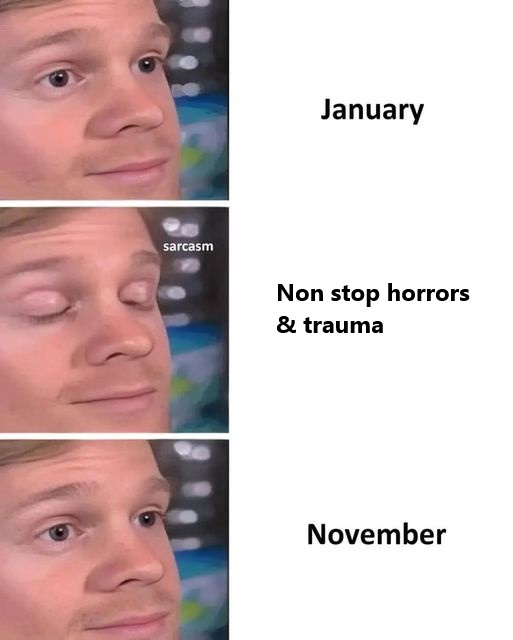 A three-panel meme featuring a man's face in each panel. The top panel is labeled 'January' and shows him with a slight…