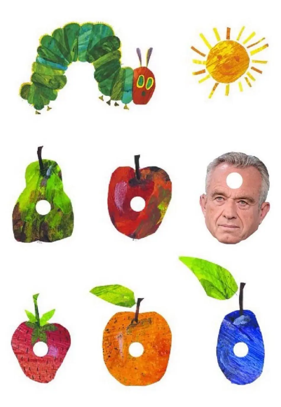 The image displays the iconic 'The Very Hungry Caterpillar' illustrations: a green caterpillar, a smiling sun, and various…