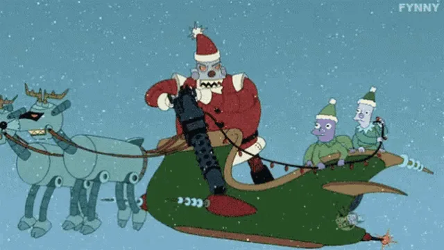 The image shows a cartoon Santa Claus in a red suit and hat, firing a large machine gun from his green sleigh while being…