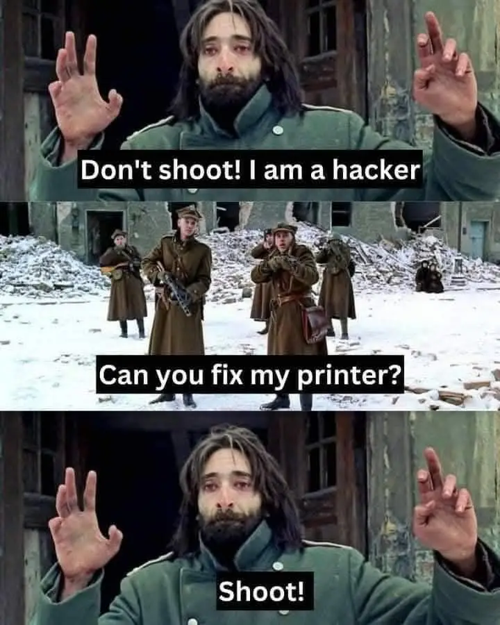 A three-panel meme featuring a man with long hair and a beard in a green military coat, raising his hands in surrender. The…