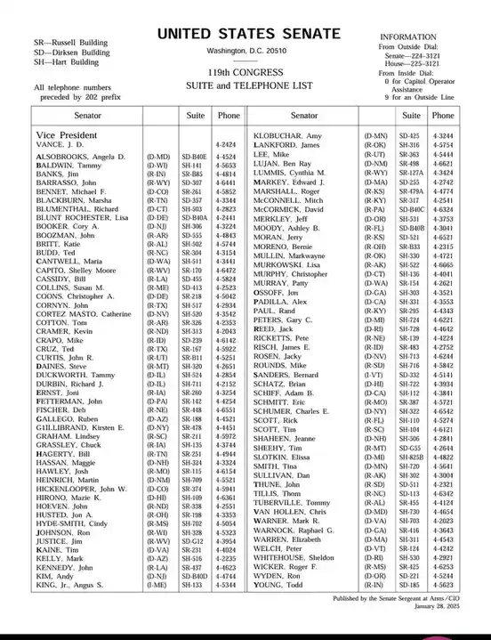 The image displays the official United States Senate Suite and Telephone List for the 119th Congress, published January 28…