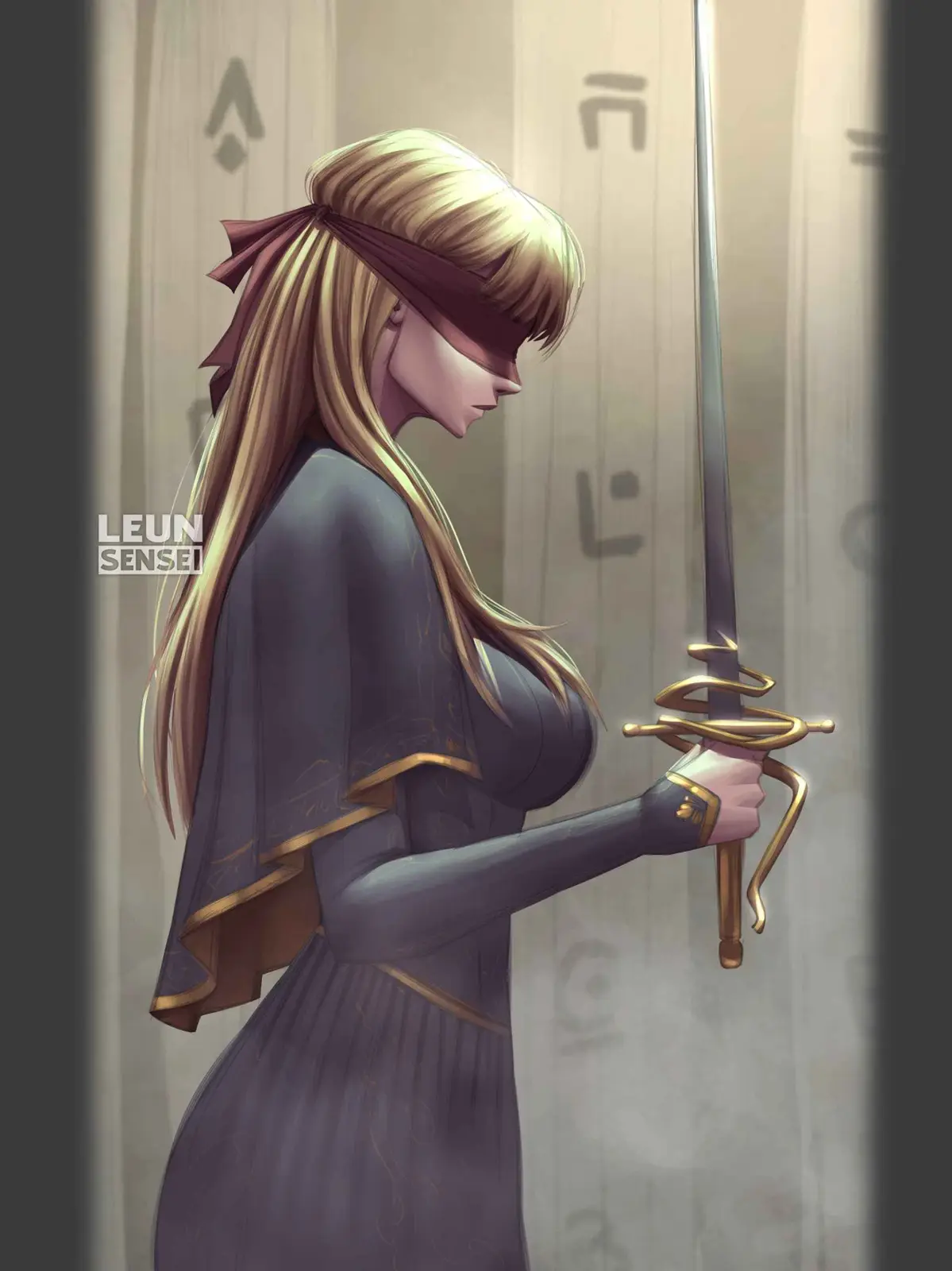 A blindfolded anime-style woman with long blonde hair, wearing a dark purple dress with gold trim, holds a sword with an…