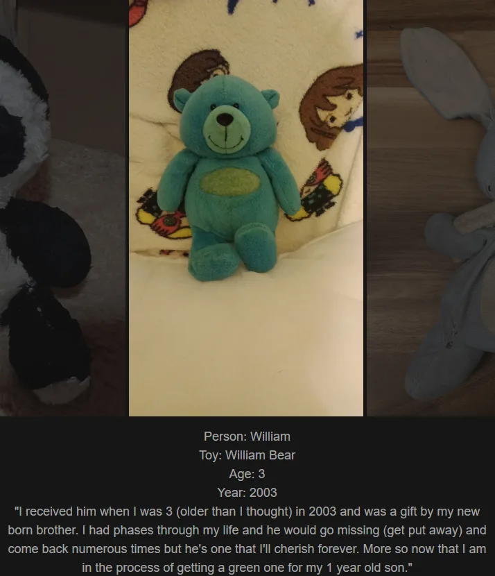 A teal plush bear sits on a patterned blanket, flanked by other stuffed animals. Overlaid text identifies the bear as…