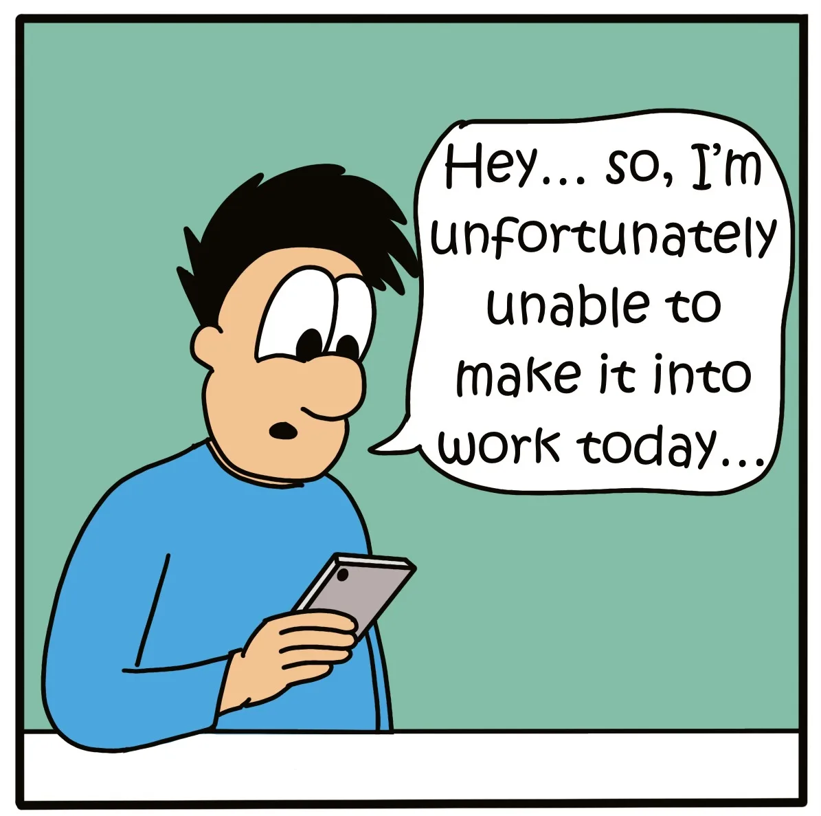 A cartoon man in a blue shirt holds a smartphone and looks surprised or apologetic while speaking. A speech bubble next to…