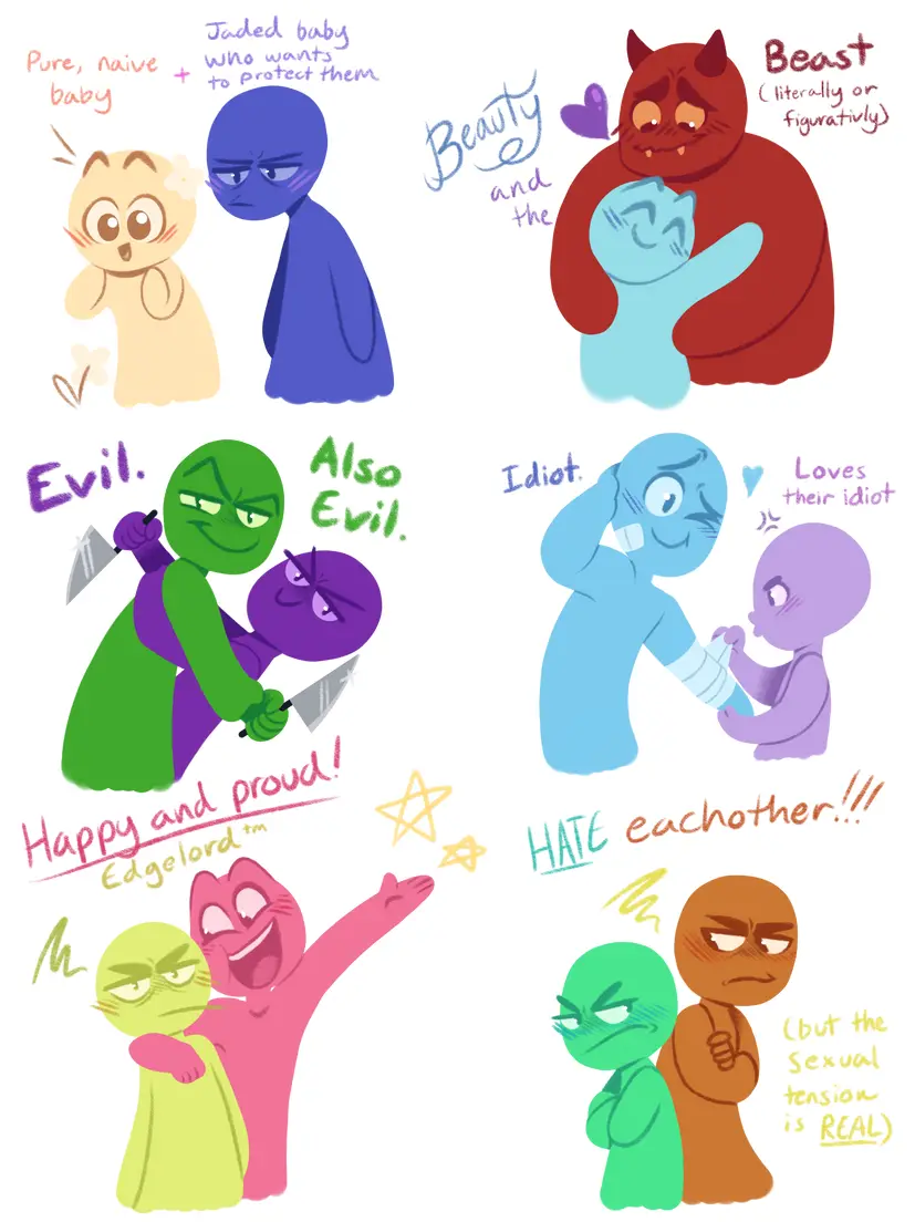 A collection of six cartoon-style character pairings, each with overlaid text describing their relationship. Top left: a…