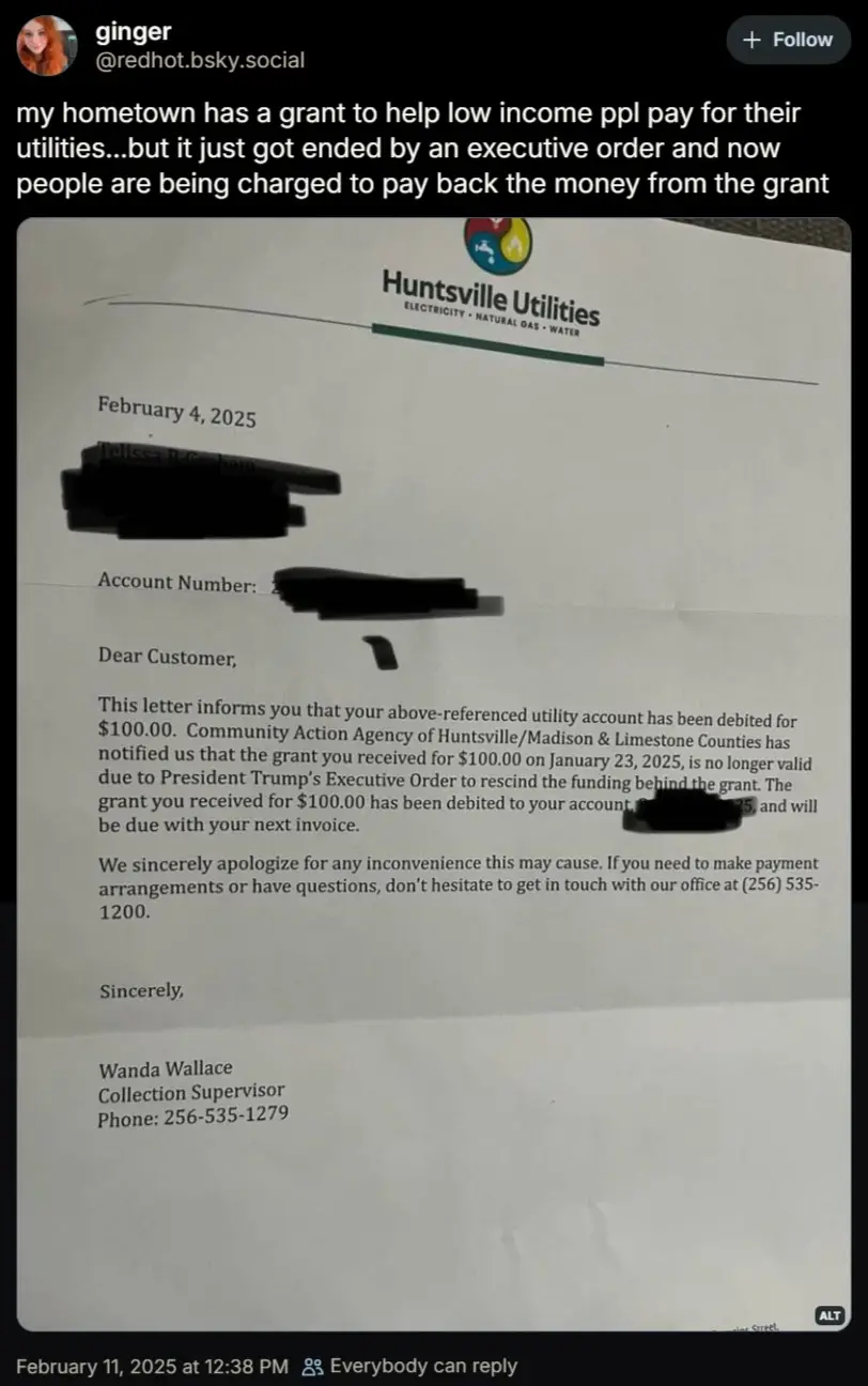 A screenshot of a social media post shows a utility bill letter from Huntsville Utilities dated February 4, 2025, informing…