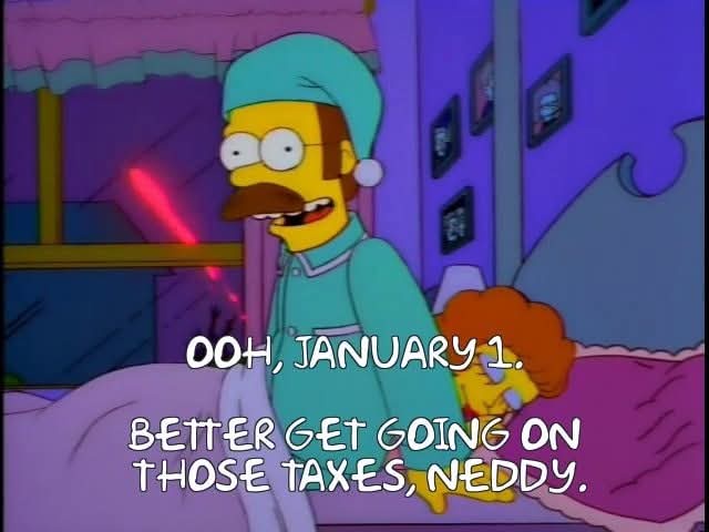 A still from The Simpsons shows Ned Flanders in his pajamas, looking excitedly at the camera while holding a glowing red…