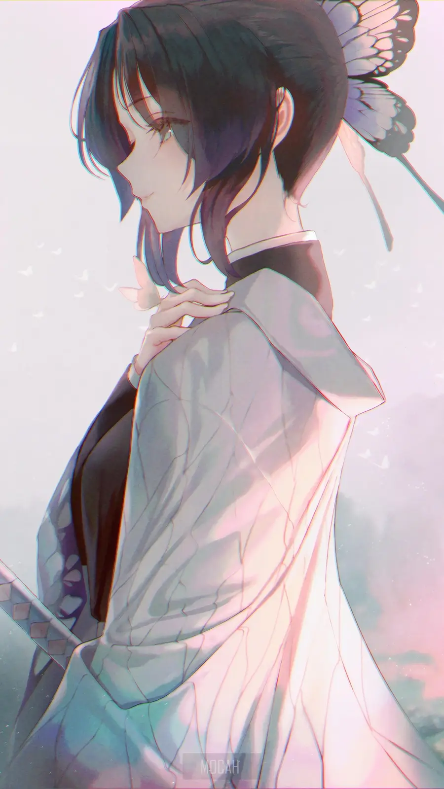 An anime-style illustration of a young woman with dark hair and a butterfly hairpin, wearing a traditional Japanese kimono…