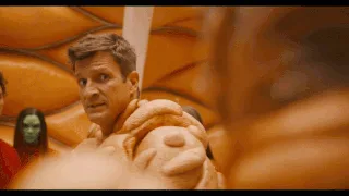 A six-panel sequence from Guardians of the Galaxy showing Chris Pratt's character, Star-Lord, initially looking normal, then…