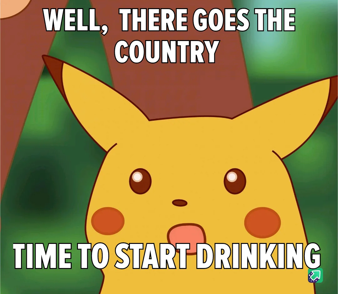 A surprised Pikachu with wide eyes and an open mouth is shown against a blurred green and brown background. The text…