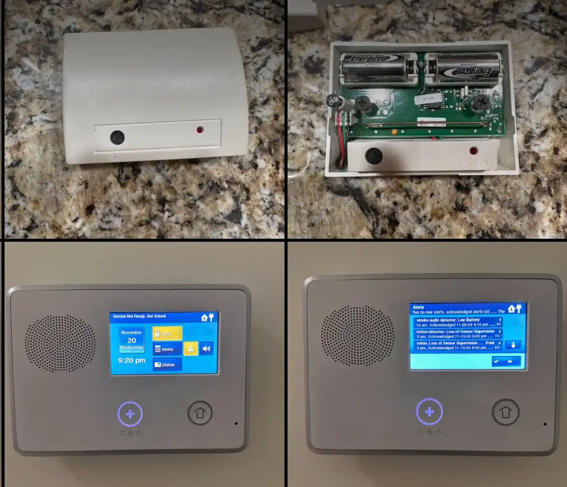 A four-panel image shows a home security system: top-left is the white Sentinel alarm panel with a red light; top-right is…