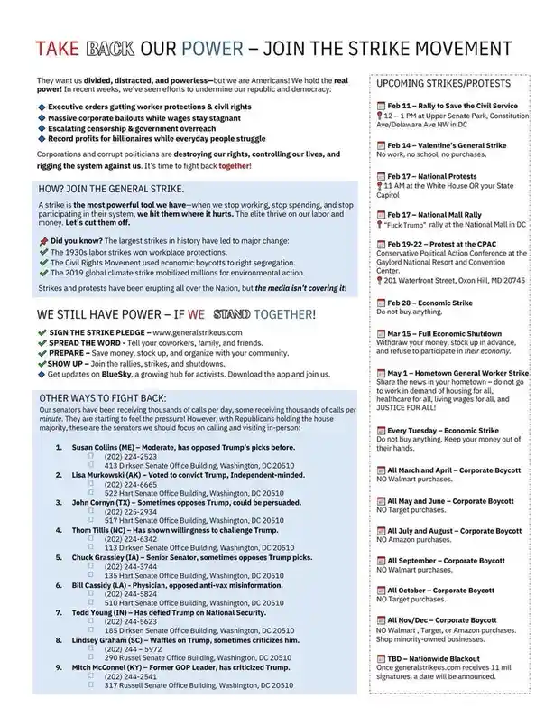 A flyer titled 'TAKE BACK OUR POWER – JOIN THE STRIKE MOVEMENT' lists upcoming protests, economic strikes, and corporate…