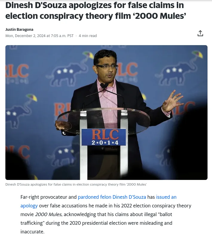 A screenshot of a news article shows Dinesh D'Souza speaking at a podium with 'RLC 2*0*1*4' on it, against a backdrop with…