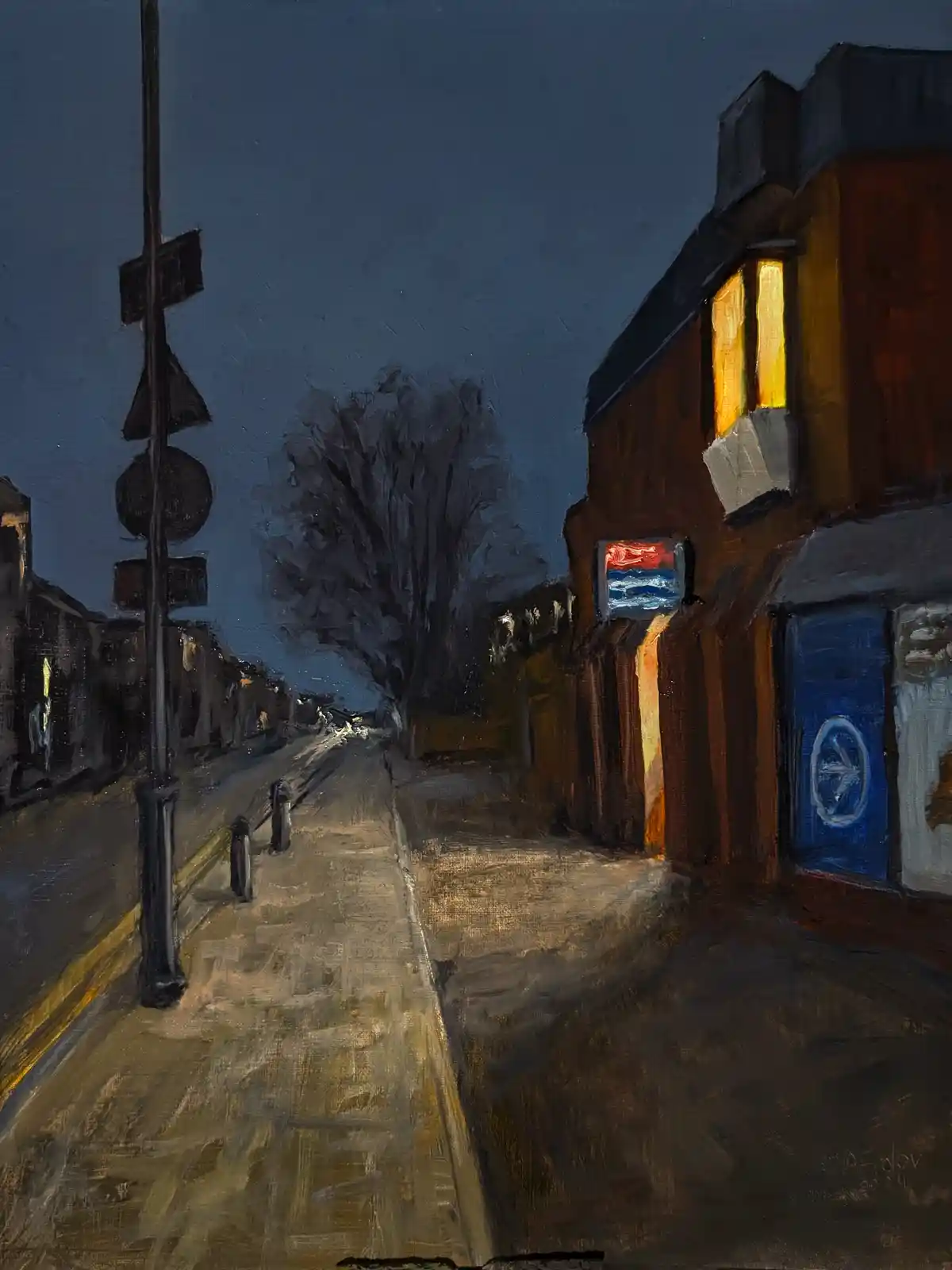 An oil painting depicts a quiet, dimly lit urban street at dusk or night, with a sidewalk, road, and buildings. A building…