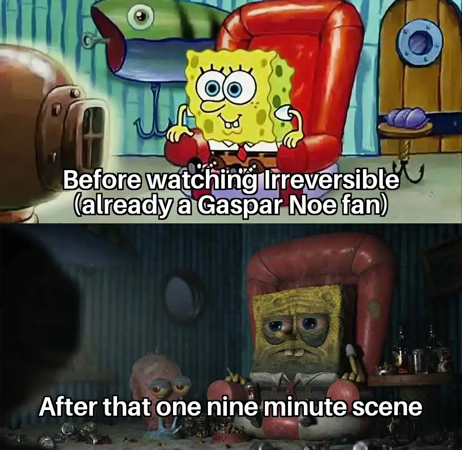 The top panel shows SpongeBob SquarePants smiling happily in his red armchair in his pineapple house. The bottom panel shows…